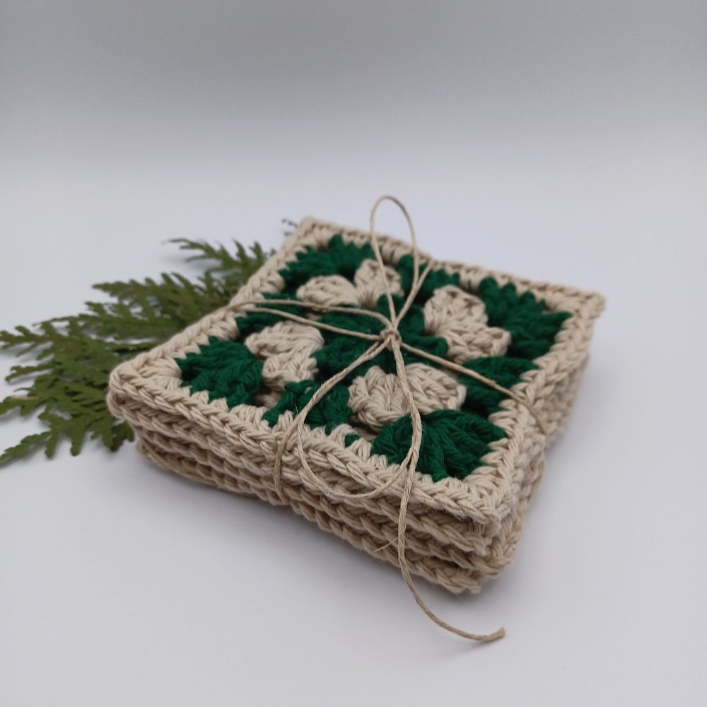 Handcrafted Cotton Coasters - Set of 4 - Hunter green and tan
